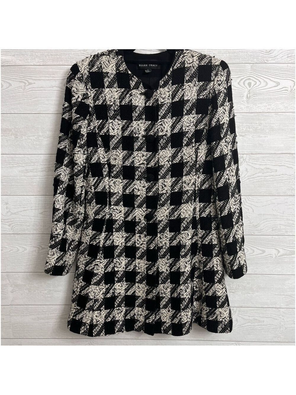 Linda Allard Ellen Tracy Women’s Black White Checkered Tweed Midi Dress  Size 8